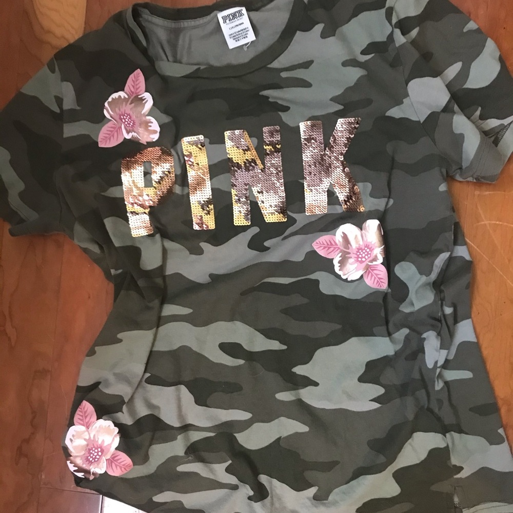 Victoria Secret PINK Camo BLING tee floral EUC